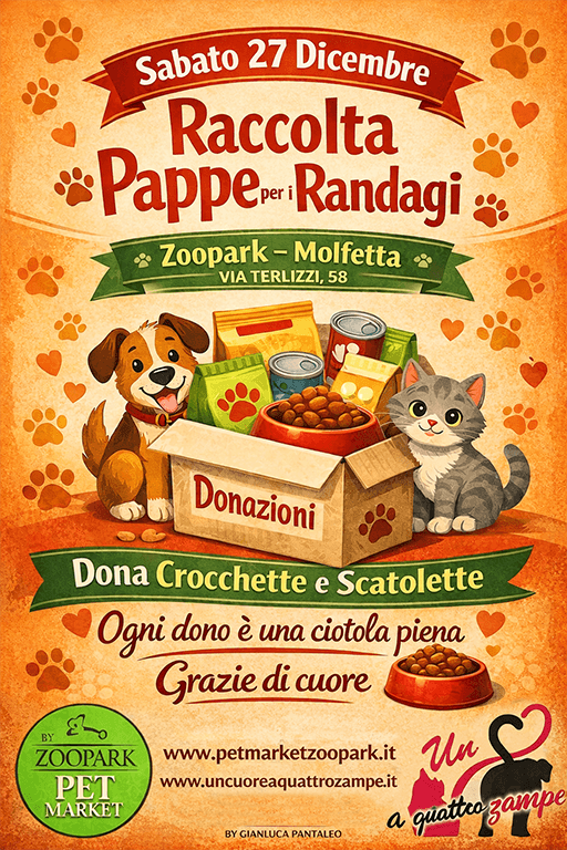 ✨ Una ciotola piena può cambiare una vita: Sabato 27/12 raccolta pappe a Molfetta presso Zoopark - Via Terlizzi, 58 🐾