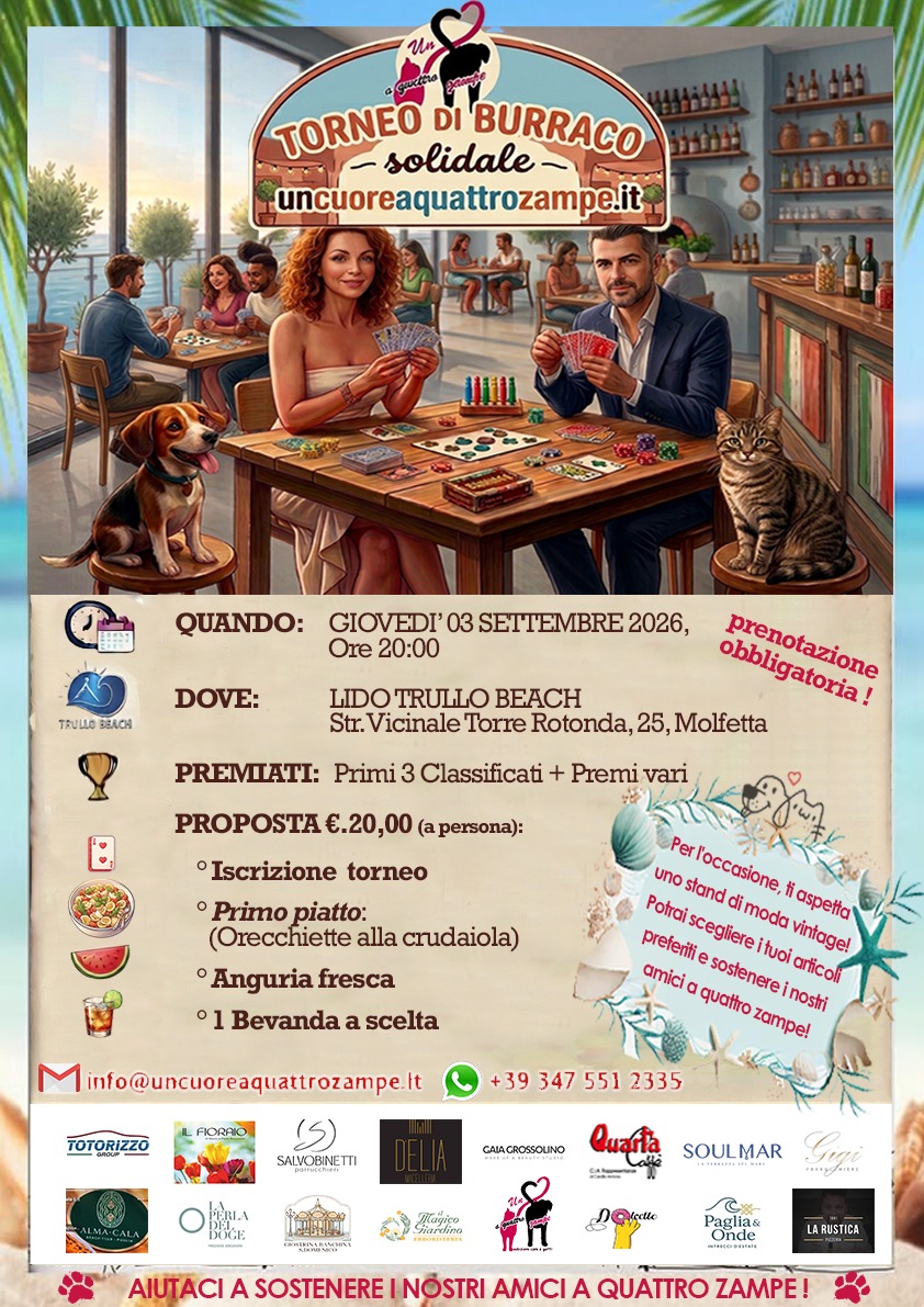 ​📅 GIOVEDÌ 03 SETTEMBRE 2026 ⌚️ Ore 20:00 - TRULLO BEACH MOLFETTA - TORNEO DI BURRACO SOLIDALE