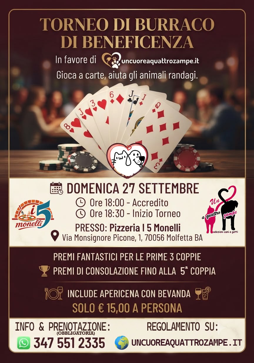 Torneo di Burraco di Beneficenza – Domenica 27 Settembre ore 18:00 a Molfetta